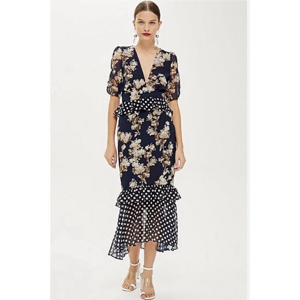 Hope‎ & Ivy Womens Midi Dress Blue Floral Polkadot Print V Neckline Size UK 14